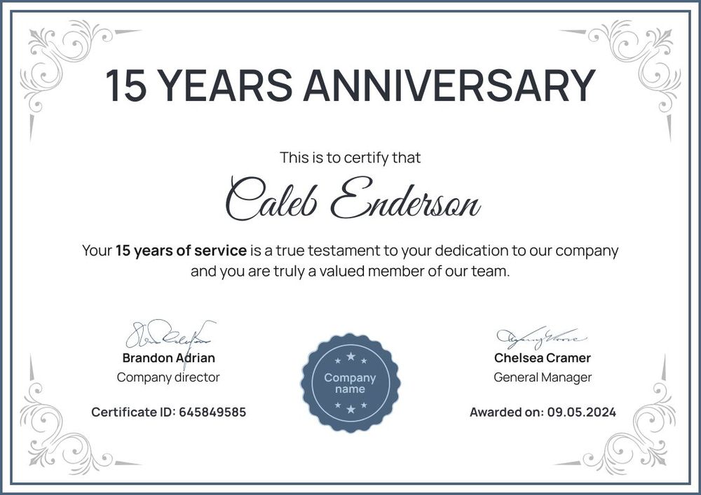 Formal and fancy work anniversary certificate template landscape Formal and fancy work anniversary certificate template landscape
