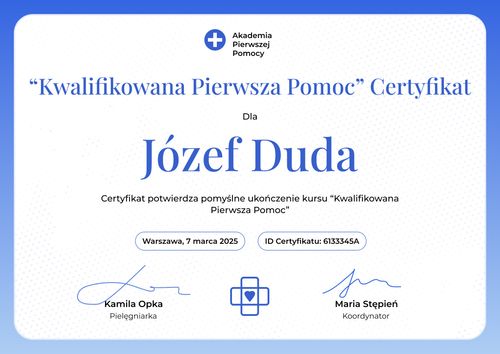 Nowoczesny certyfikat ukończenia kursu pierwszej pomocy wzór – pozioma Nowoczesny certyfikat ukończenia kursu pierwszej pomocy wzór – pozioma