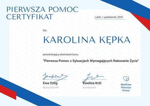 Certyfikat ukończenia kursu pierwszej pomocy wzór – pozioma Certyfikat ukończenia kursu pierwszej pomocy wzór – pozioma