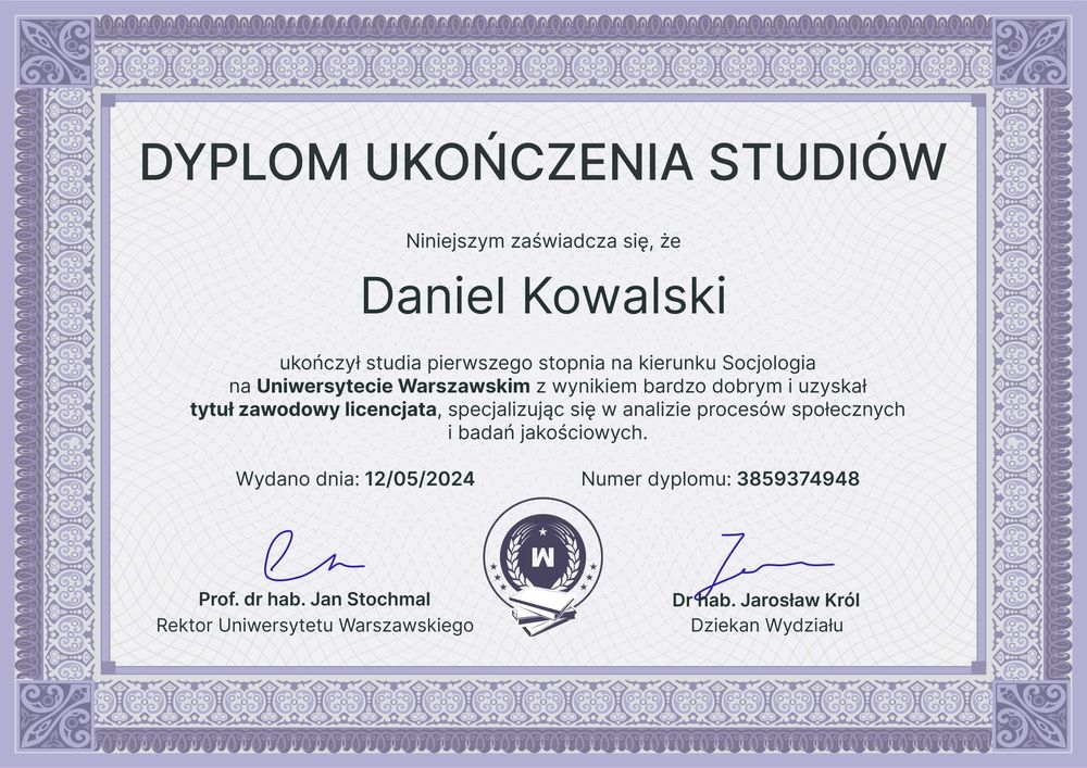 Profesjonalny dyplom ukończenia studiów wzór – pozioma Profesjonalny dyplom ukończenia studiów wzór – pozioma