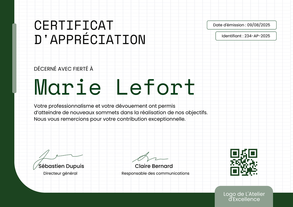 Certificat d'appréciation officiel et professionnel – Paysage Certificat d'appréciation officiel et professionnel – Paysage