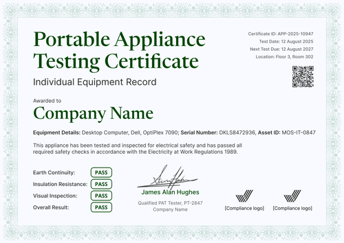 Modern PAT Testing Certificate Template – Landscape Modern PAT Testing Certificate Template – Landscape