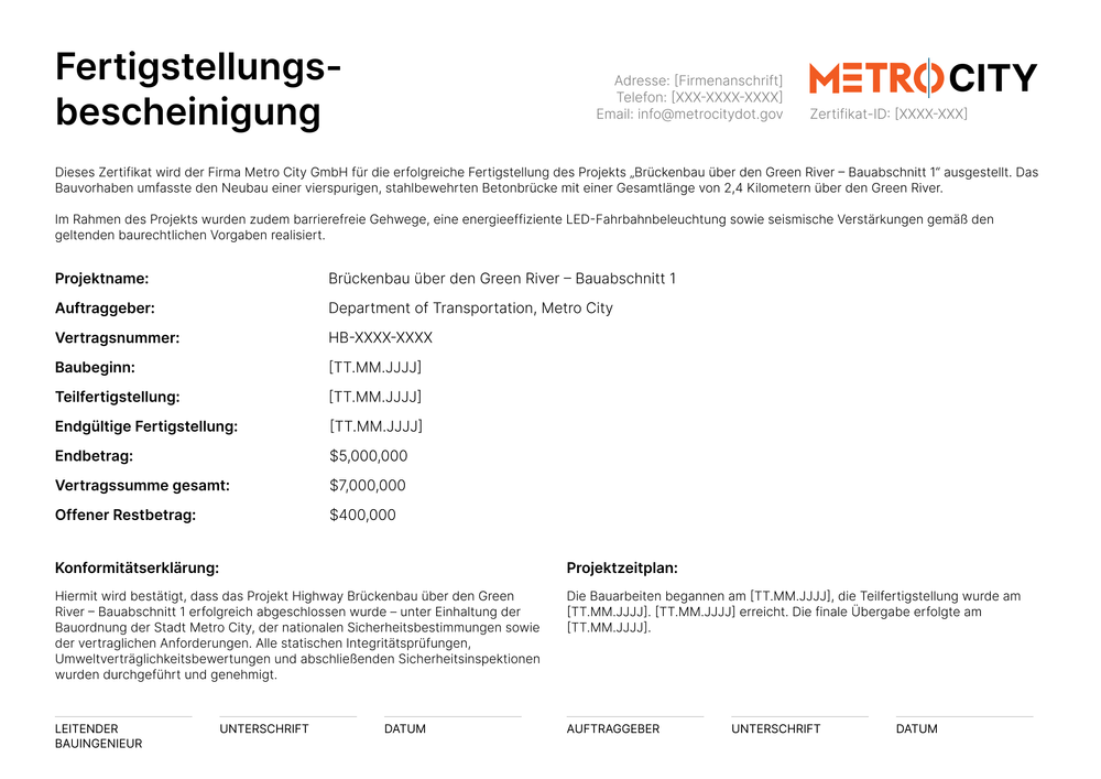 Fertigstellungsbescheinigung Vorlage online bearbeiten - Querformat Fertigstellungsbescheinigung Vorlage online bearbeiten - Querformat